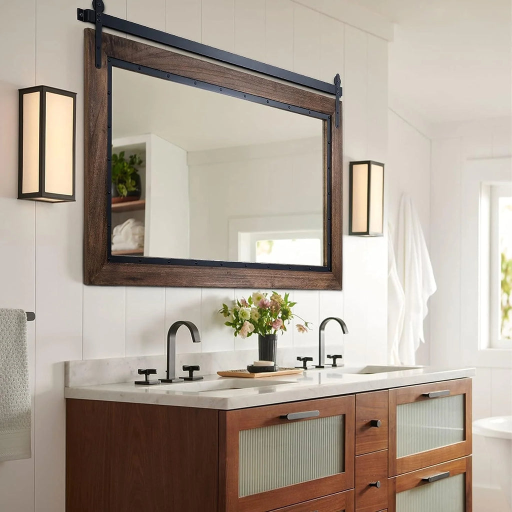 Farmhouse Barn Door Style Bathroom Vanity Mirror, Natural Wood Wall Mirror for Bathroom, Bedroom and Entryway