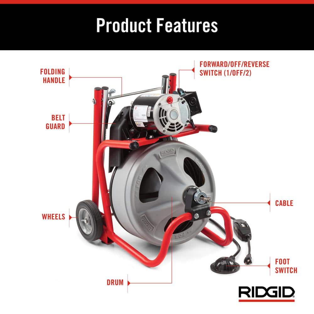 120V Drum Drain Cleaning Snake Auger with 3/8-In. x 75-Ft. Cable, 4-Piece Tool Set and Gloves