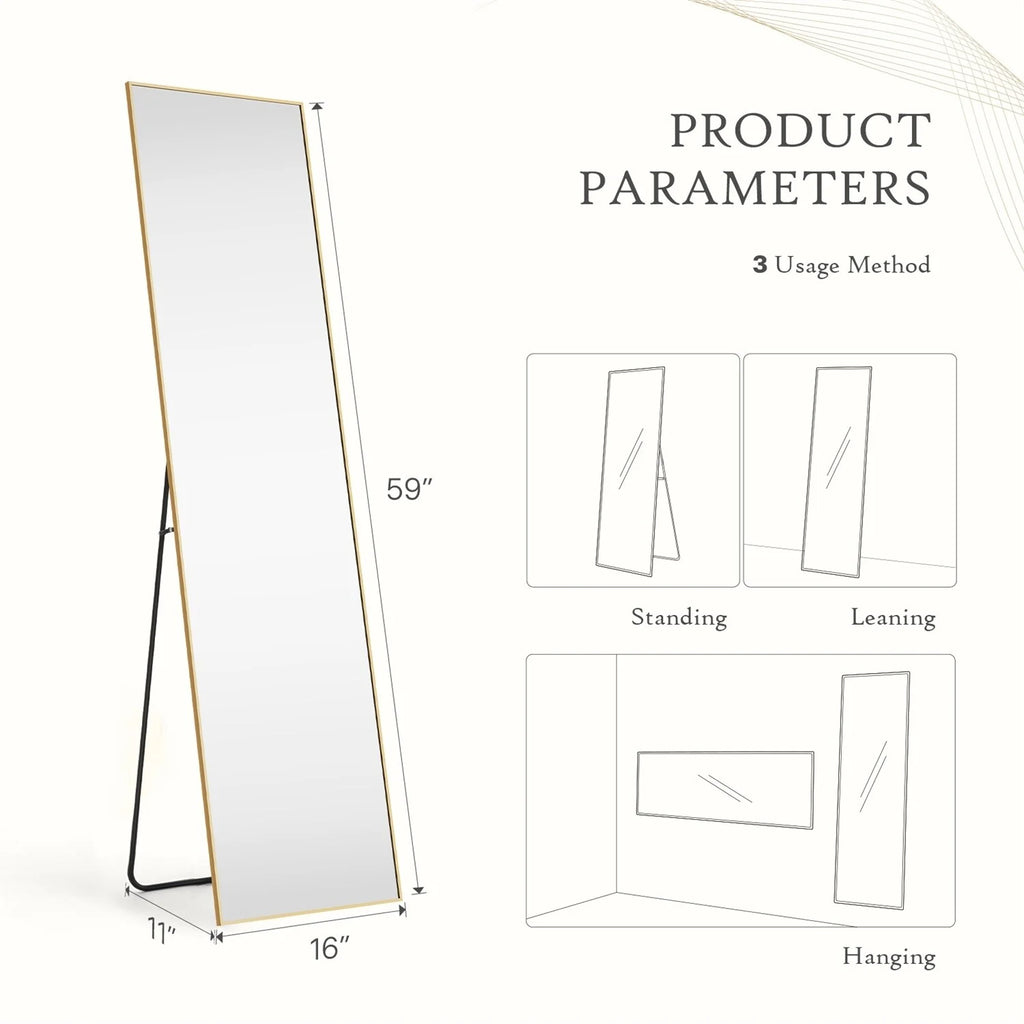 Full Length Mirror with Stand, Aluminum Alloy Frame Full Body Floor Mirror for Bedroom and Cloakroom