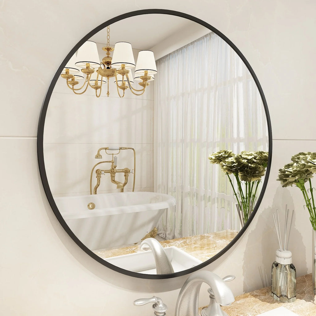 Round Metal Black Frame Bathroom Vanity Mirror, Wall Mounted Decorative Mirror