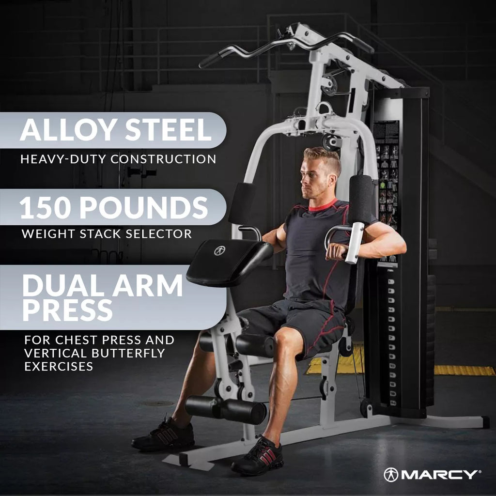 150-Lb. Weight Stack Home Gym with Dual-Function Arm Press and Leg Developer, Black/White