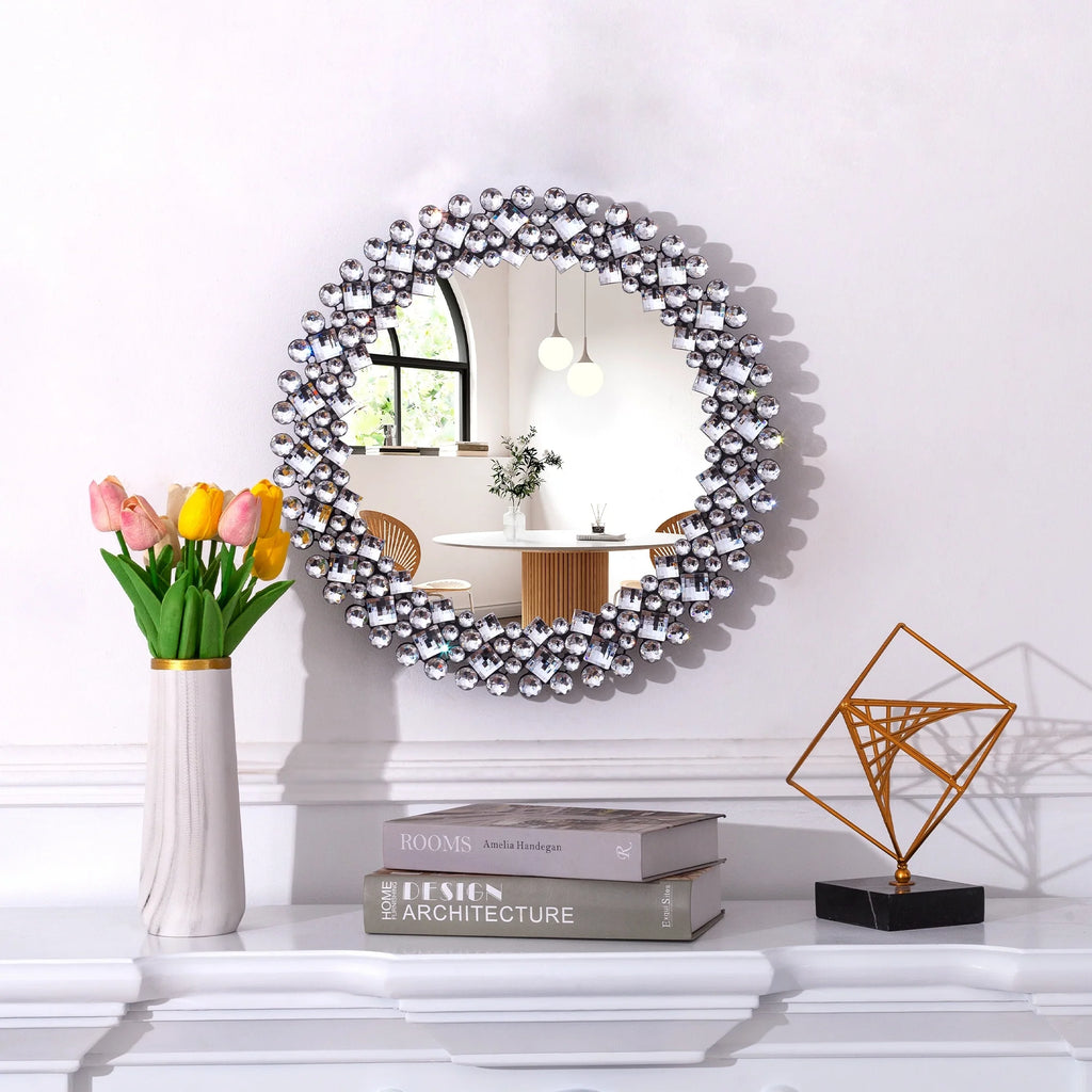 Modern Round Wall Mirror, Crystal Accent Decorative Mirror for Living Room, Bedroom and Entryway