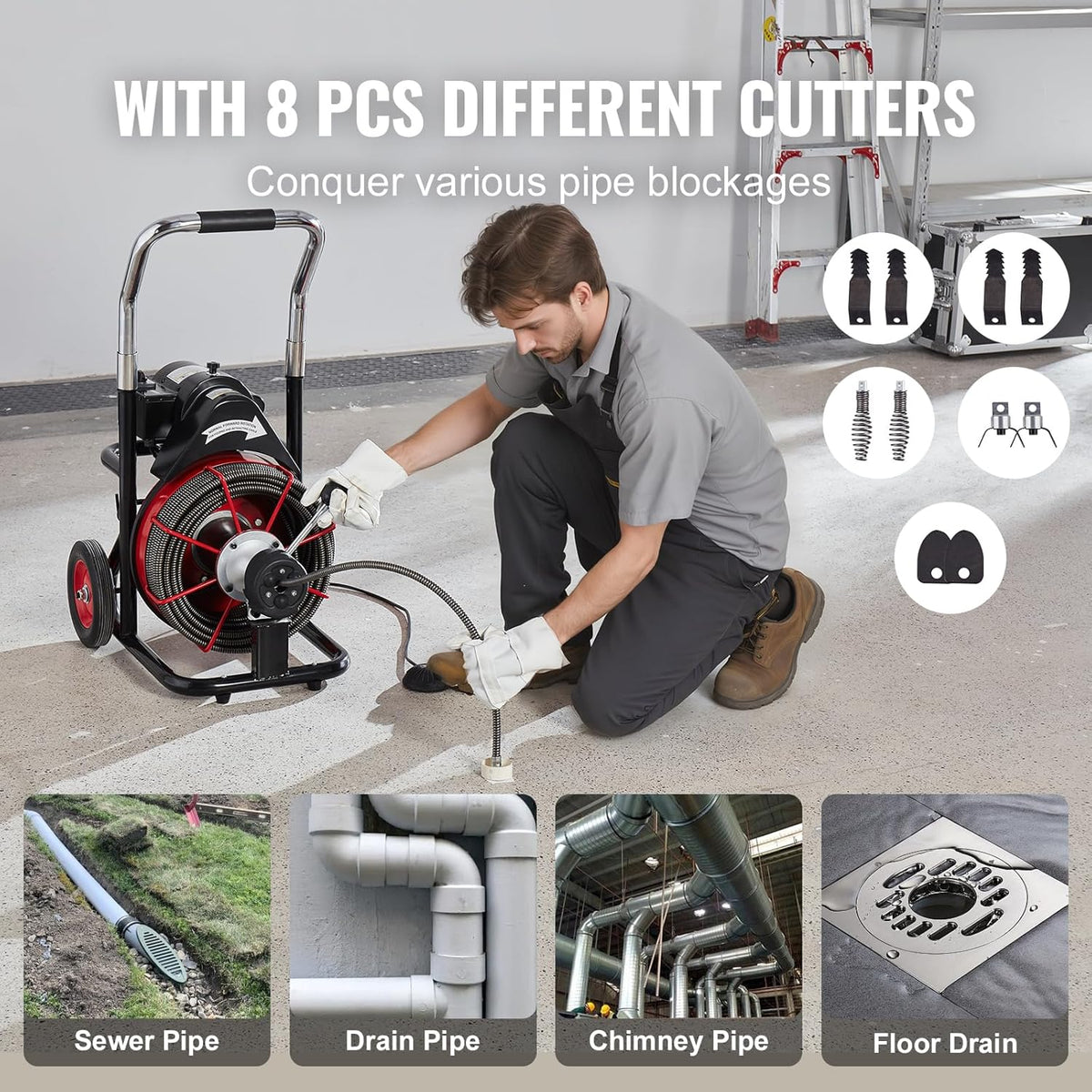 550W Drain Cleaning Machine, 100-Ft. x 1/2-Inch Sewer Snake Auger with 8 Cutters, Wheels and Foot Switch, for 2-4-Inch Pipes
