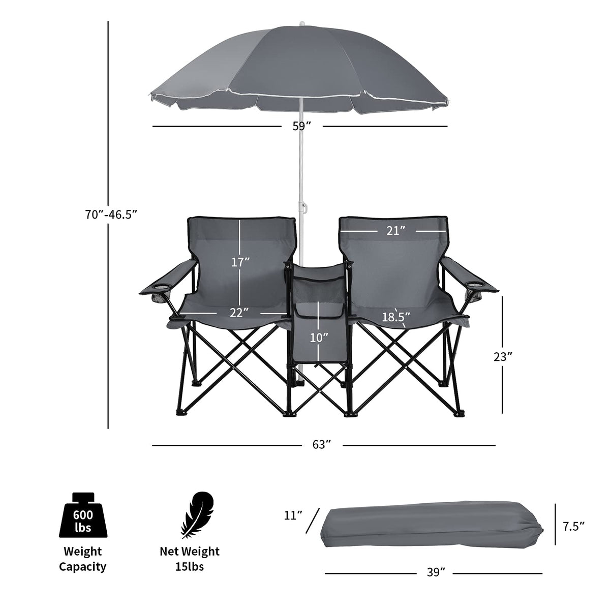 Double Folding Picnic Chairs with Umbrella – Mini Table & Beverage Holder Included