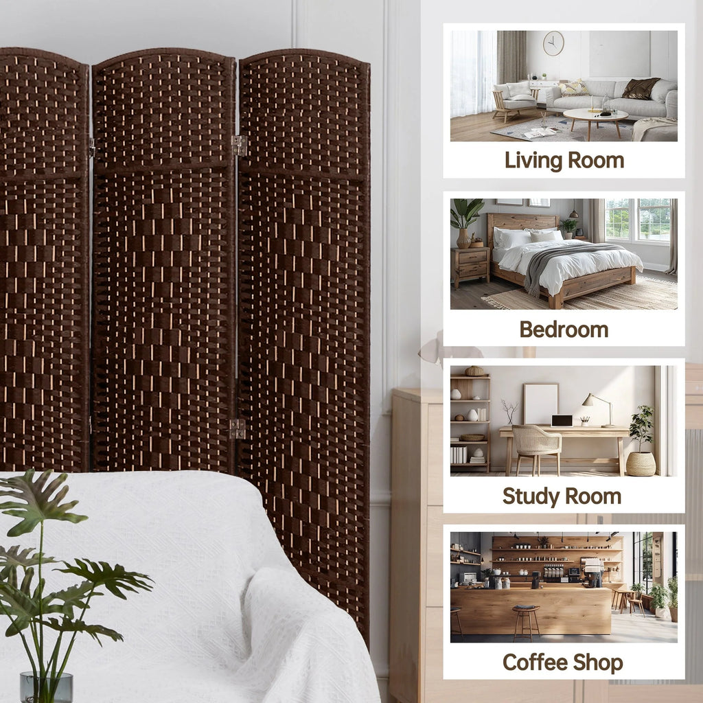6 FT Tall Woven Fiber Room Divider, Freestanding Folding Privacy Screen
