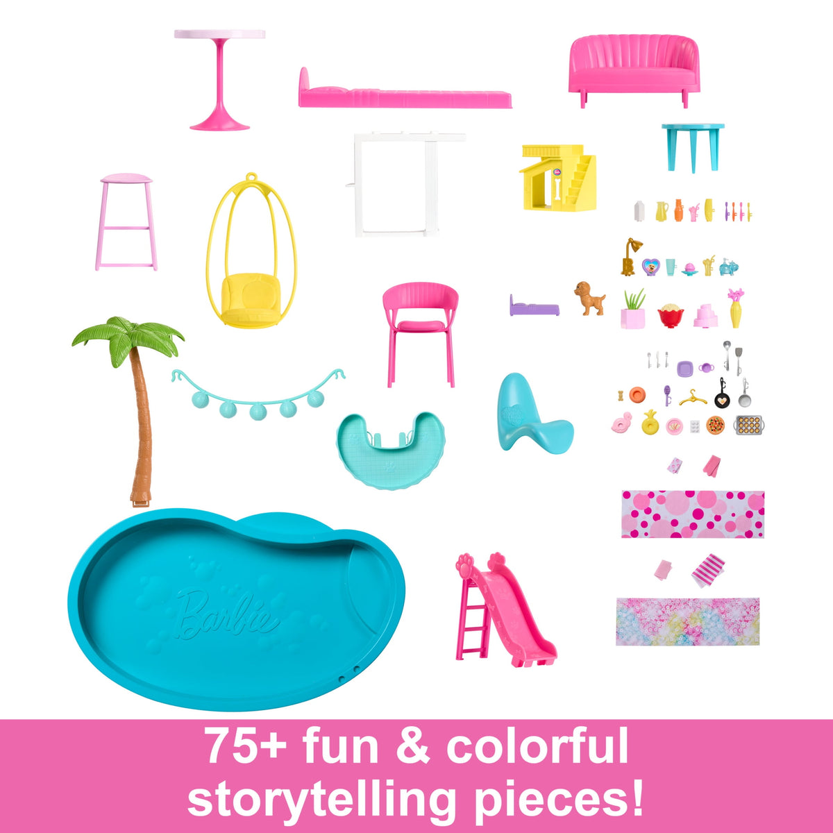 Dollhouse Pool Party Playset with 3-Story Slide, 75+ Pieces, and Pet-Friendly Features