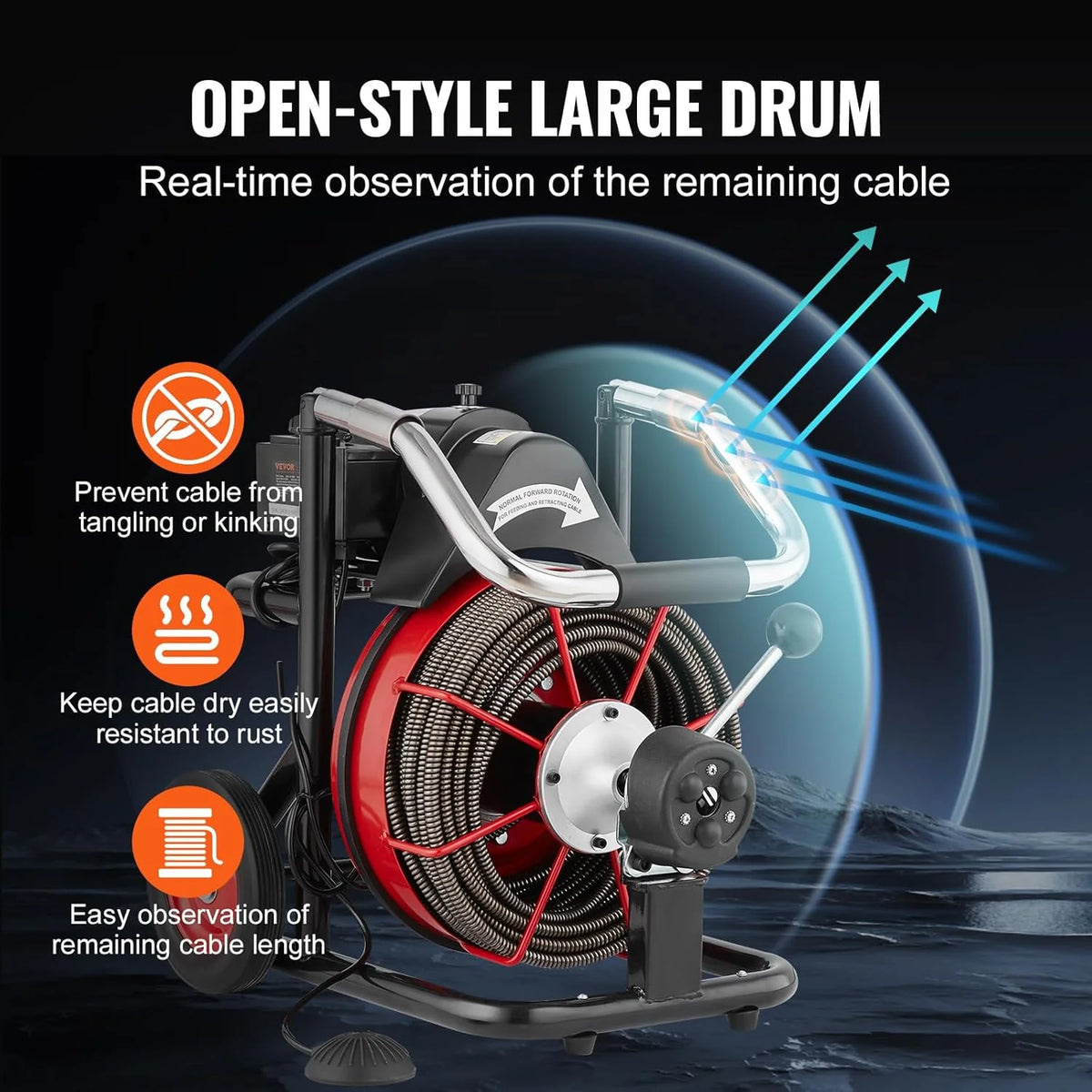 550W Drain Cleaning Machine, 100-Ft. x 1/2-Inch Sewer Snake Auger with 8 Cutters, Wheels and Foot Switch, for 2-4-Inch Pipes