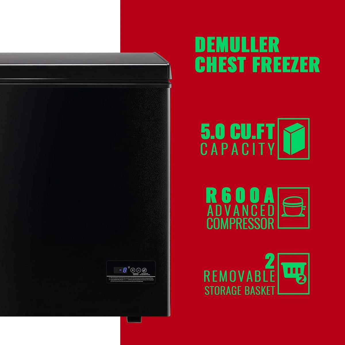 5.0 Cu. Ft. Chest Freezer with 2 Removable Stainless Steel Baskets, Electronic Control, 41°F to -15°F, Black