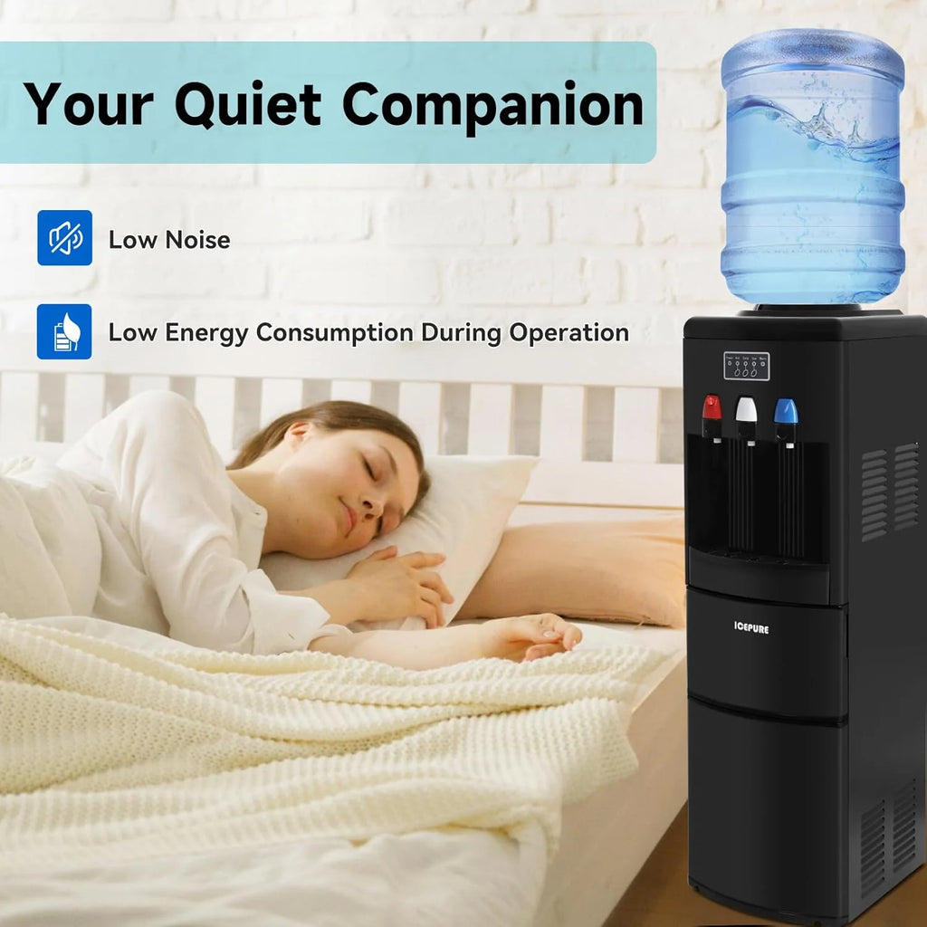 3-in-1 Hot & Cold Water Cooler with Built-in Ice Maker – Top Loading for 3-5 Gallon Bottles, Child Safety Lock, Black