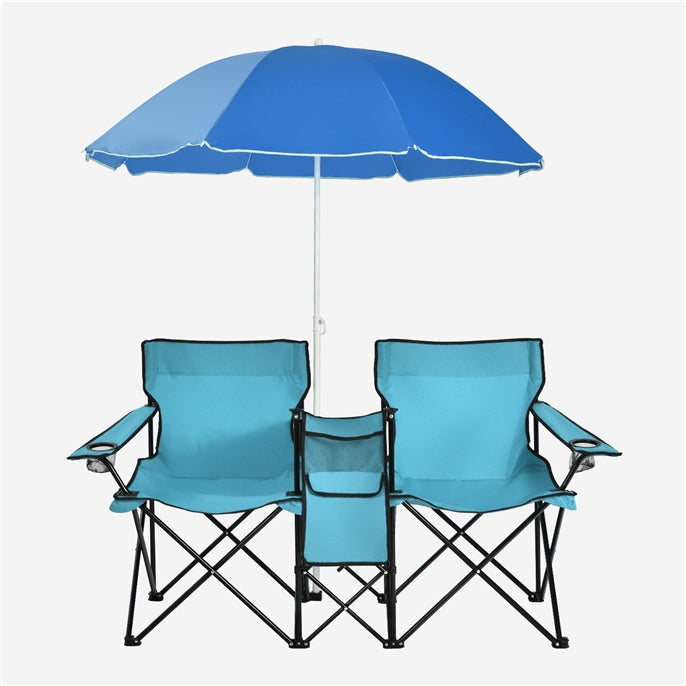 Double Folding Picnic Chairs with Umbrella – Mini Table & Beverage Holder Included