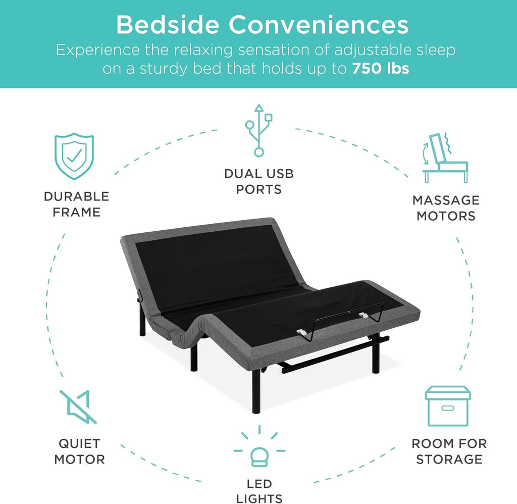 Twin XL Adjustable Bed Frame, Electric Adjustable Base with Wireless Remote Control, Night Light, Massage Function and 2 USB Ports