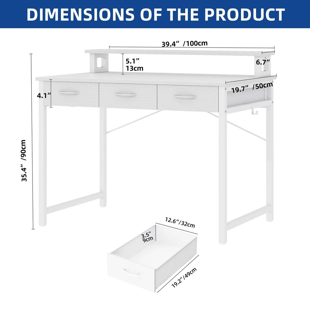 Small Computer Desk with Fabric Drawers and Monitor Stand, Compact Home Office Workstation for Small Spaces