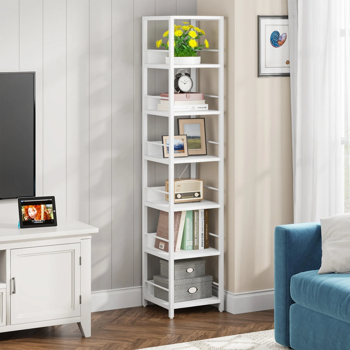 75 Inch Tall Narrow Corner Shelf, 6-Tier Etagere Storage Rack for Home and Office