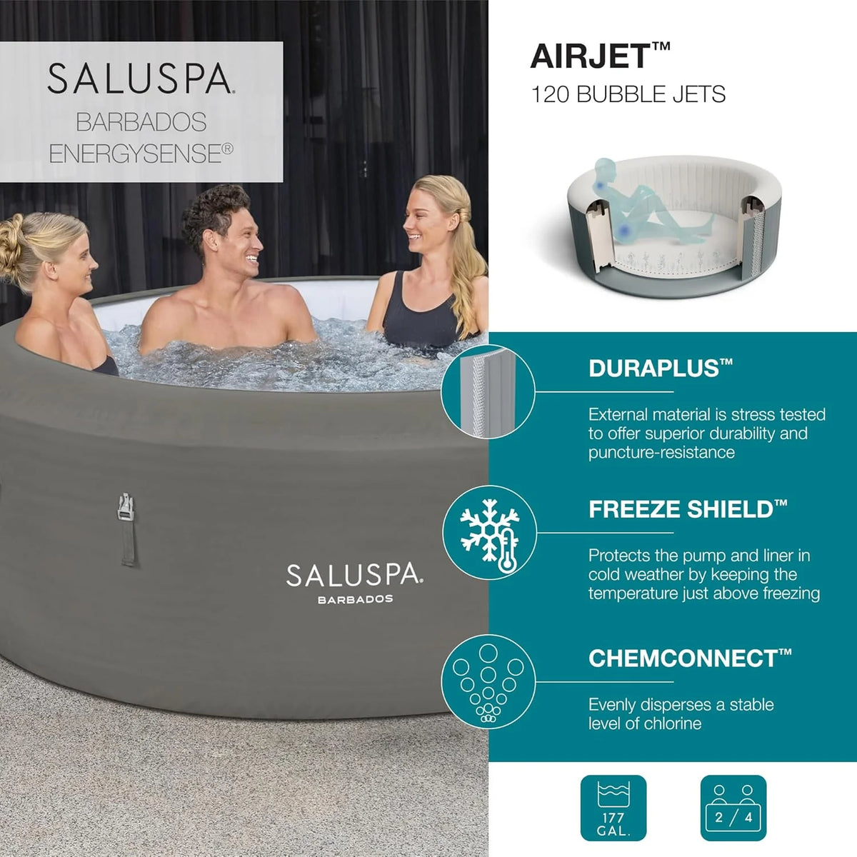 71 x 26-Inch Inflatable Hot Tub Spa for 2-4 Persons, Portable, with 2 Covers, Black