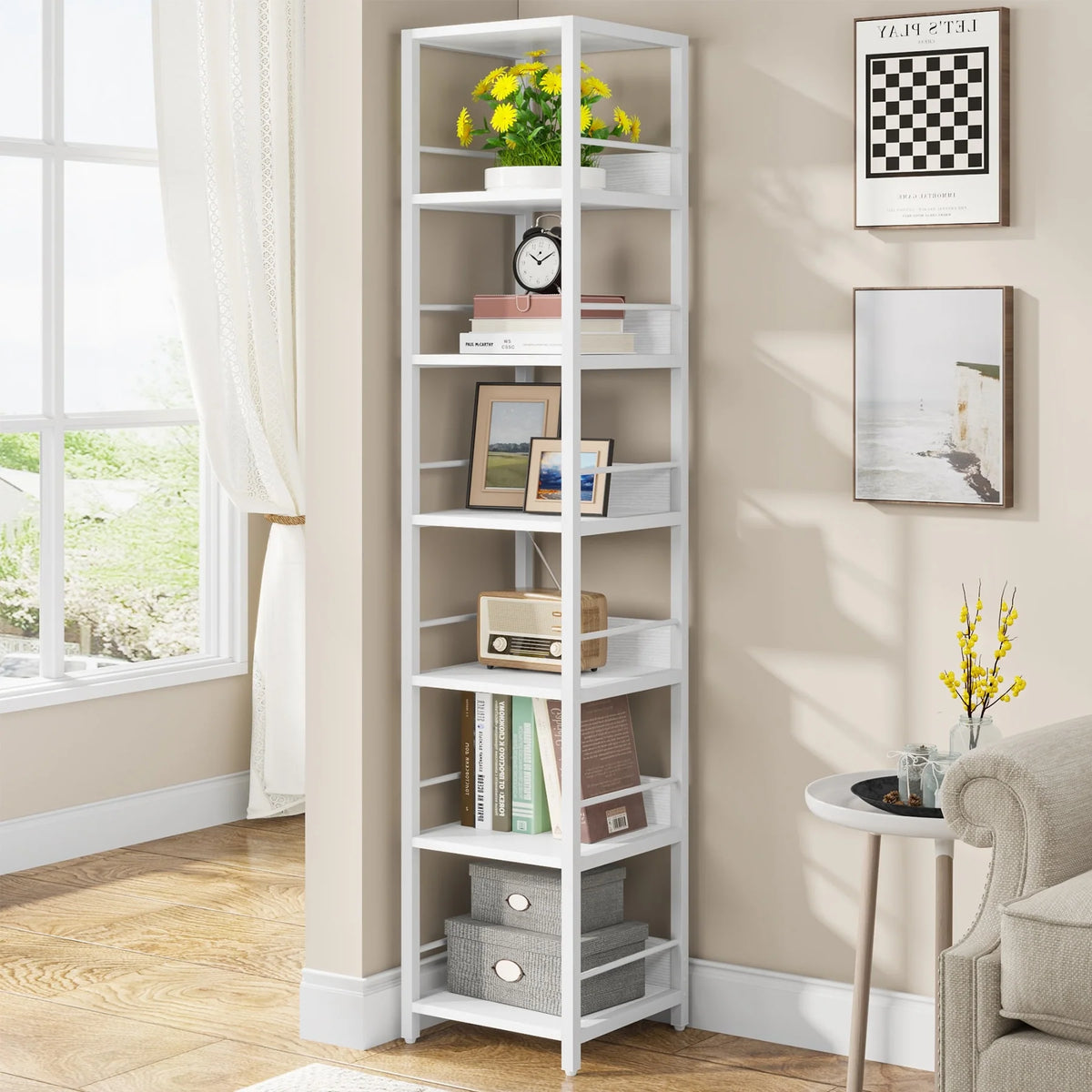 75 Inch Tall Narrow Corner Shelf, 6-Tier Etagere Storage Rack for Home and Office