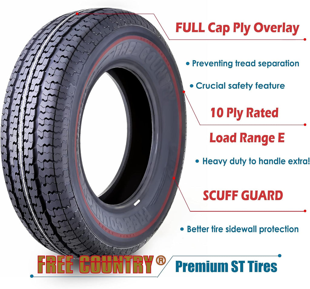 Set of 4 ST205/75R15 10-Ply Load Range E Steel-Belted Radial Trailer Tires with Scuff Guard