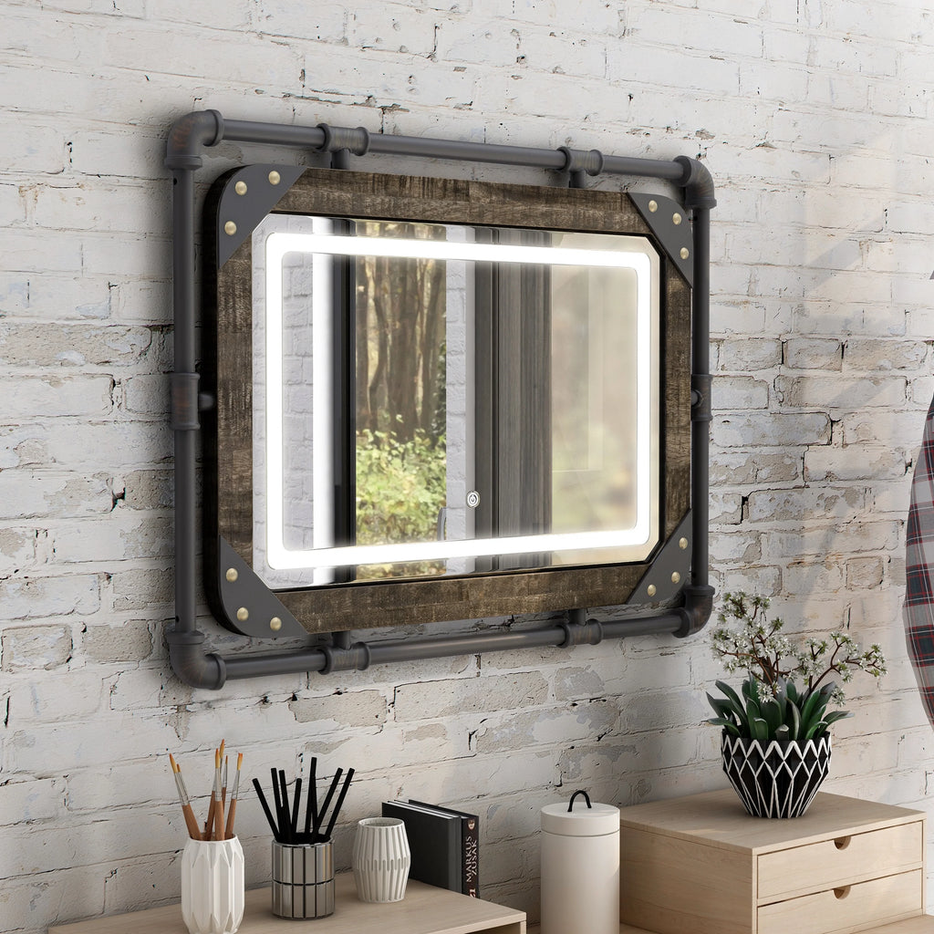 Industrial Metal Wall Mirror with LED Lights, Modern Decorative Mirror for Home