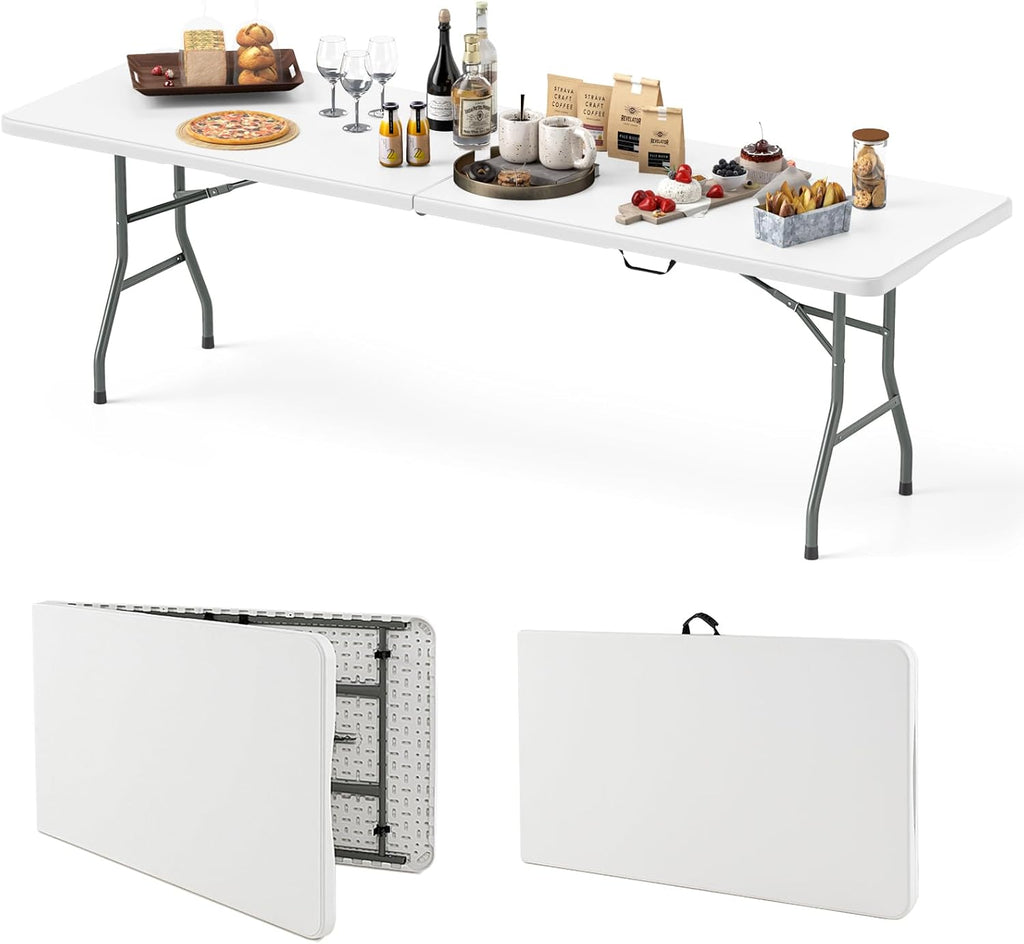 8FT Folding Table 350LBS – Heavy Duty Plastic Table with HDPE Top & Handle