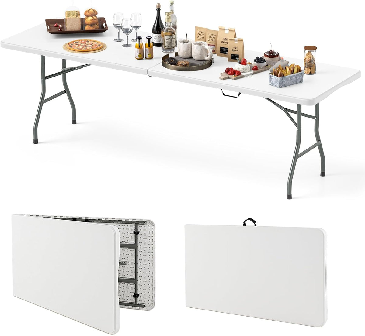 8FT Folding Table 350LBS – Heavy Duty Plastic Table with HDPE Top & Handle