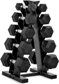 150 LB Coated Hex Dumbbell Weight Set with Vertical Rack, Black