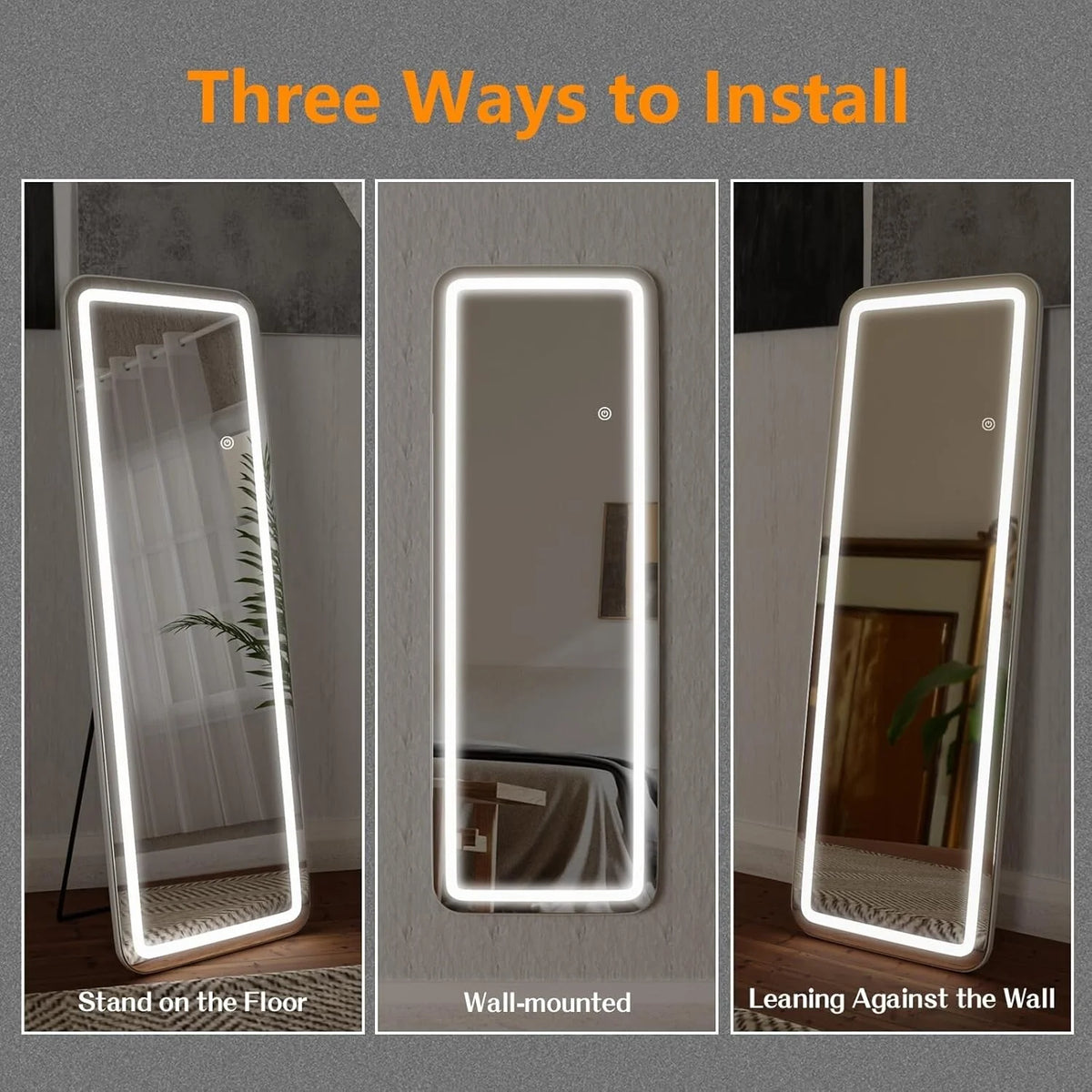64 x 21 Inch Full Length LED Floor Mirror with Stand, Wall Mounted Full Body Mirror