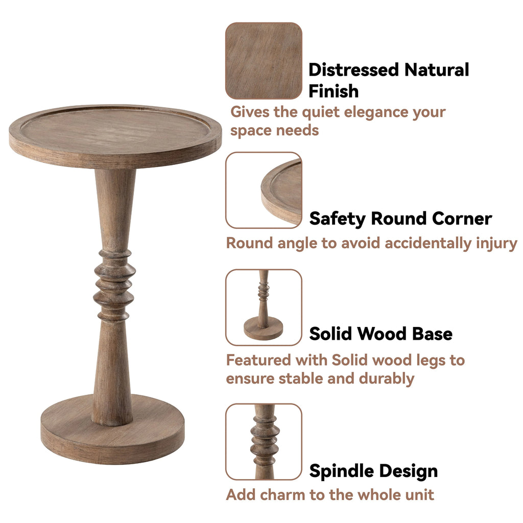 Small Pedestal End Table with Tray Top, Farmhouse Distressed Finish Accent Table