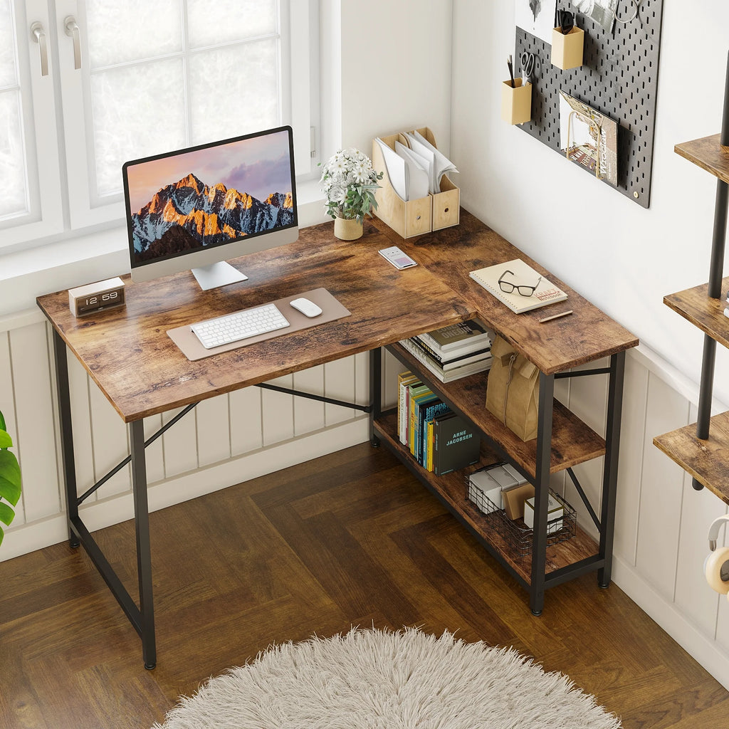Small L Shaped Computer Desk with Storage Shelves, Compact Corner Workstation for Home Office and Study