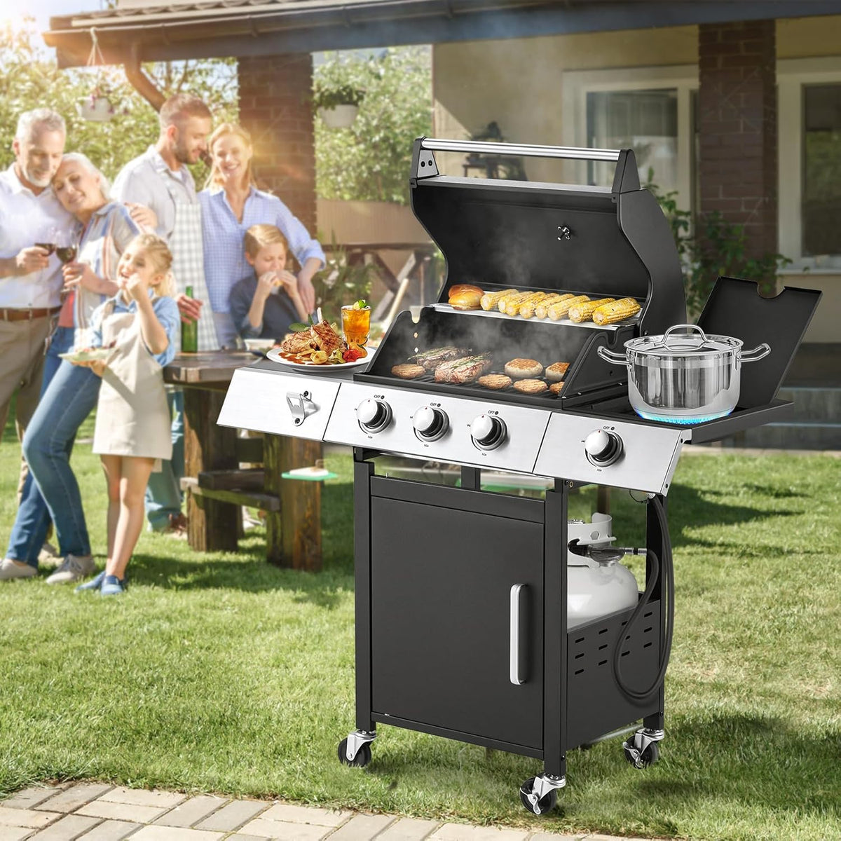 4-Burner Propane Gas Grill with Cast Iron Grates, Side Stove and 44,000 BTU Stainless Steel Burners