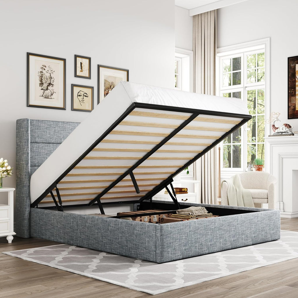 Queen Size Lift Up Storage Bed with Wingback Headboard, Upholstered Platform Bed Frame with Hidden Storage