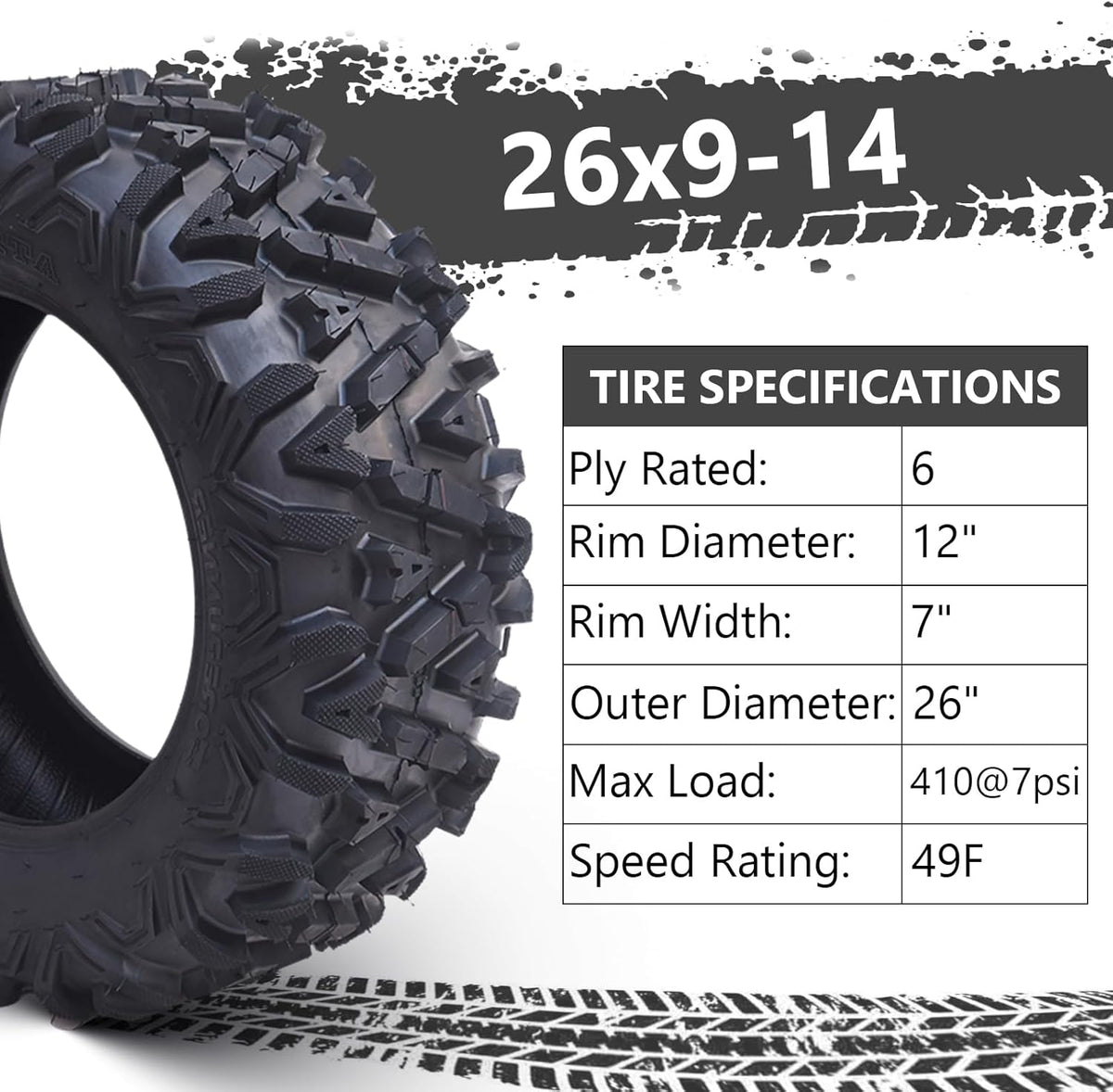 Set of 2 26x12-12 6PR All-Terrain ATV/UTV Off-Road Tires, Black