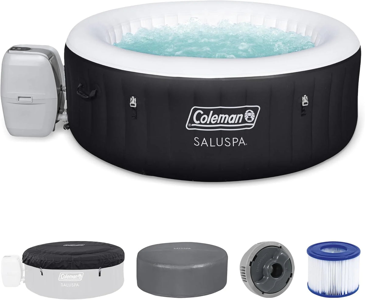 2-4 Person Inflatable Hot Tub, Portable Round Outdoor Spa with 120 Soothing Air Jets and Insulated Cover, Black