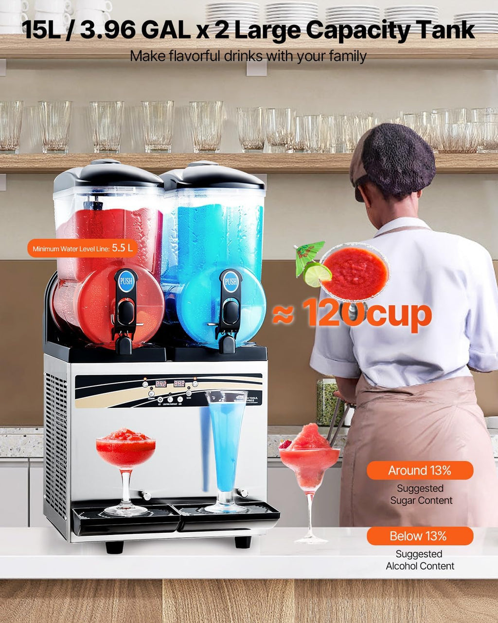15L x 2 Double-Tank Commercial Slushy Machine, Stainless Steel, Frozen Drink Machine