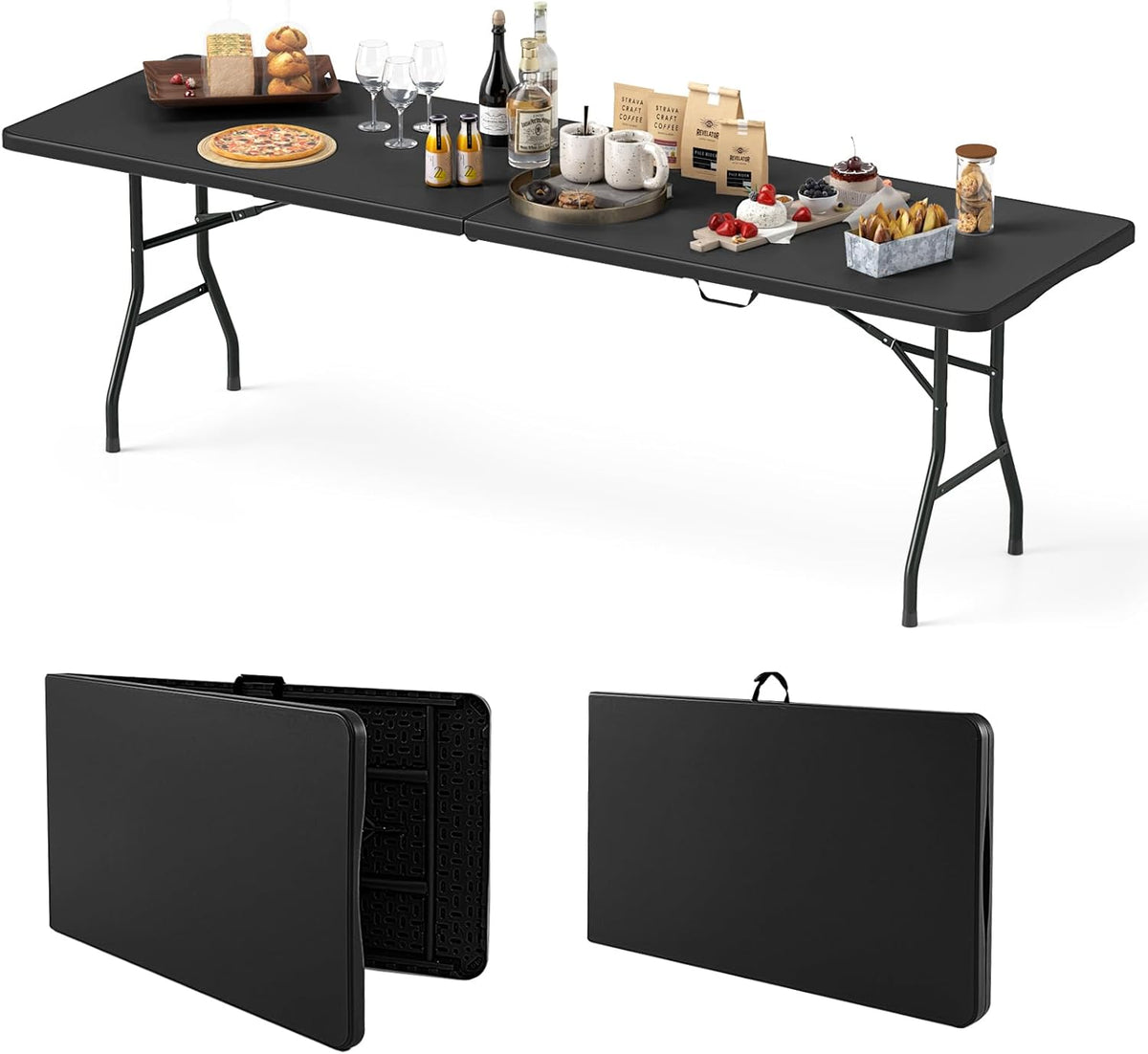8FT Folding Table 350LBS – Heavy Duty Plastic Table with HDPE Top & Handle