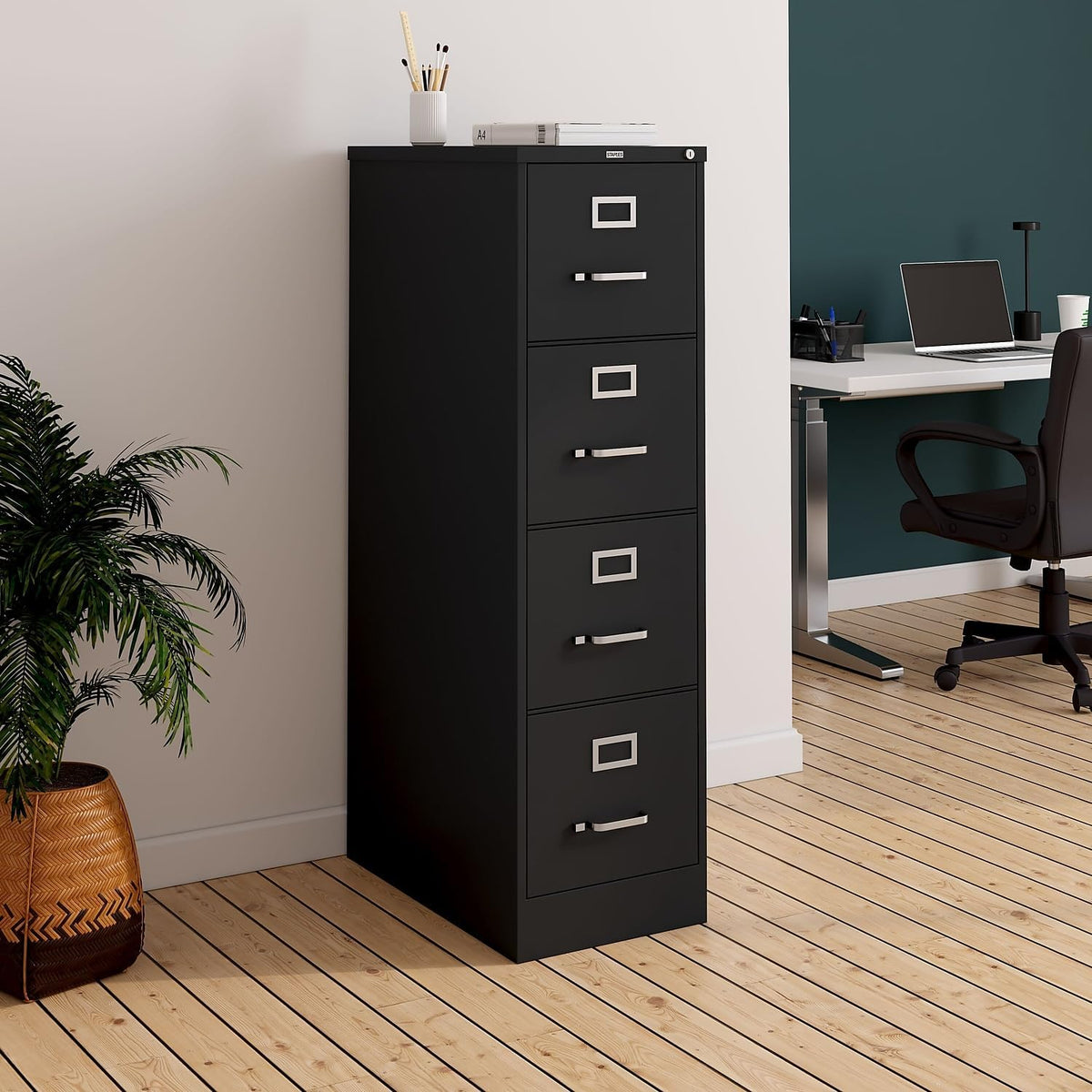 4-Drawer Lockable File Cabinet, Black, 25-Inch D x 15-Inch W