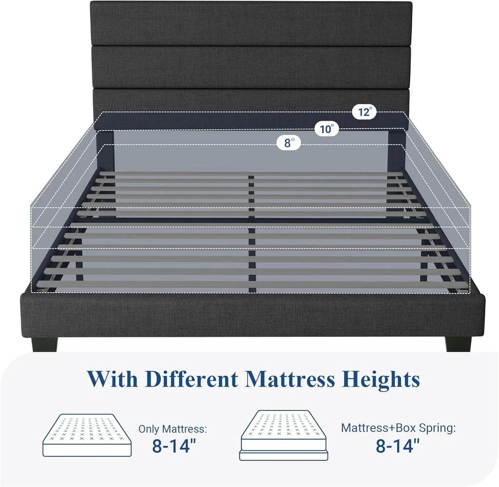 Queen Size Upholstered Platform Bed Frame, Dark Gray Fabric Bed with Headboard for Bedroom