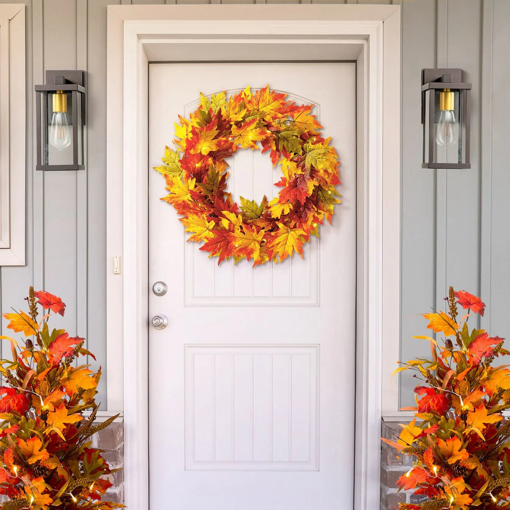 Thanksgiving LED Lighted Fall Maple Leaf Wreath and Garland - Autumn Home Decor