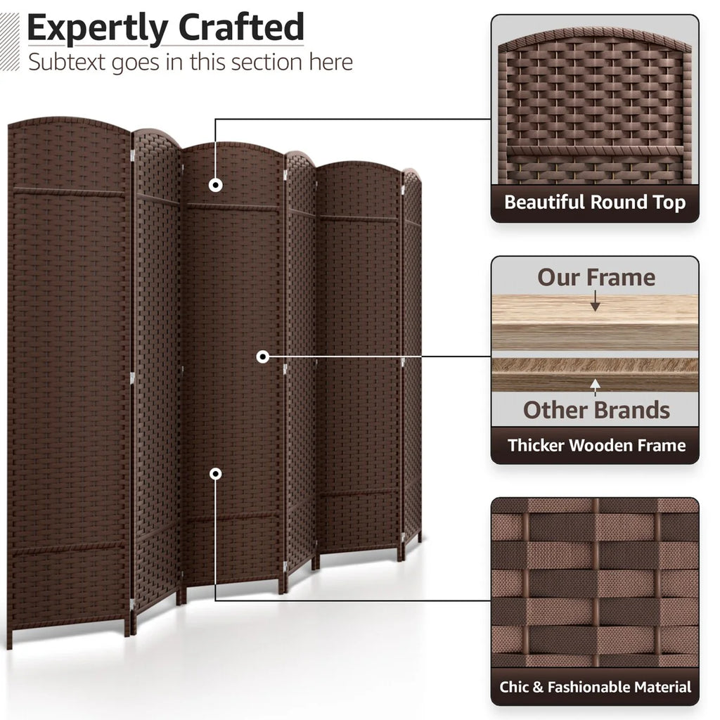6 Panel Room Divider, 6ft Tall Extra Wide Folding Privacy Screen with Hand-Woven Mesh Panels