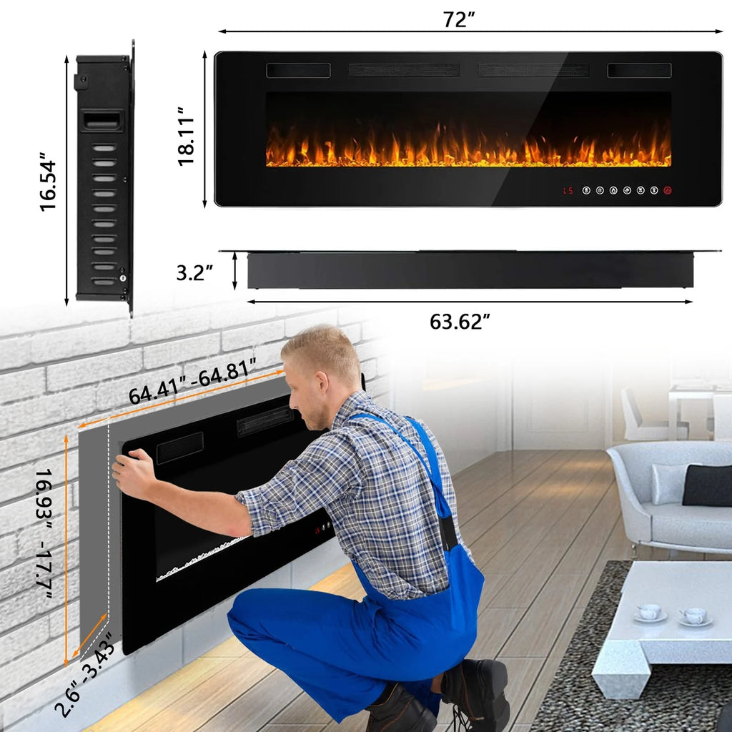 30-72 Inch Ultra-Thin Electric Fireplace, Linear Recessed Wall Mounted Fireplace with Remote Control