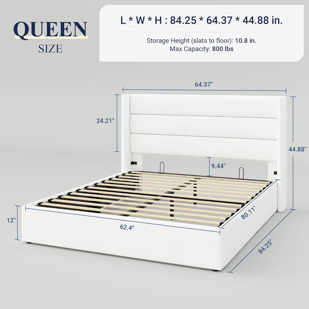 Queen Size Lift Up Storage Bed with Wingback Headboard, Upholstered Platform Bed Frame with Hidden Storage