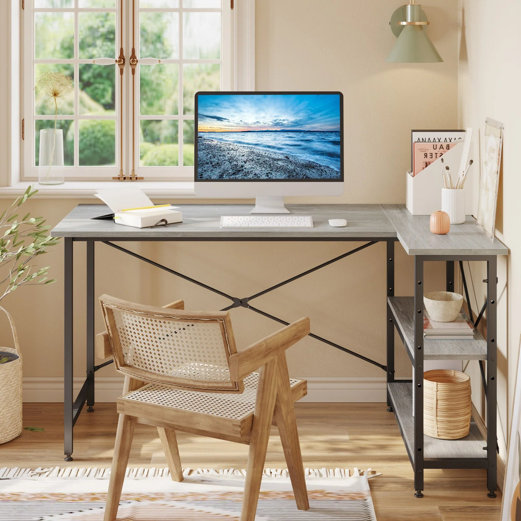 Small L Shaped Computer Desk with Storage Shelves, Compact Corner Workstation for Home Office and Study