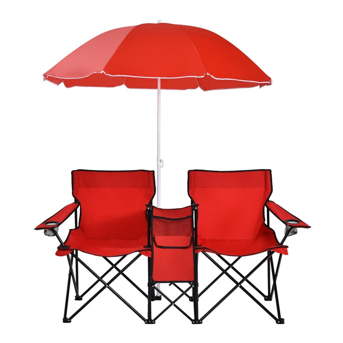 Double Folding Picnic Chairs with Umbrella – Mini Table & Beverage Holder Included