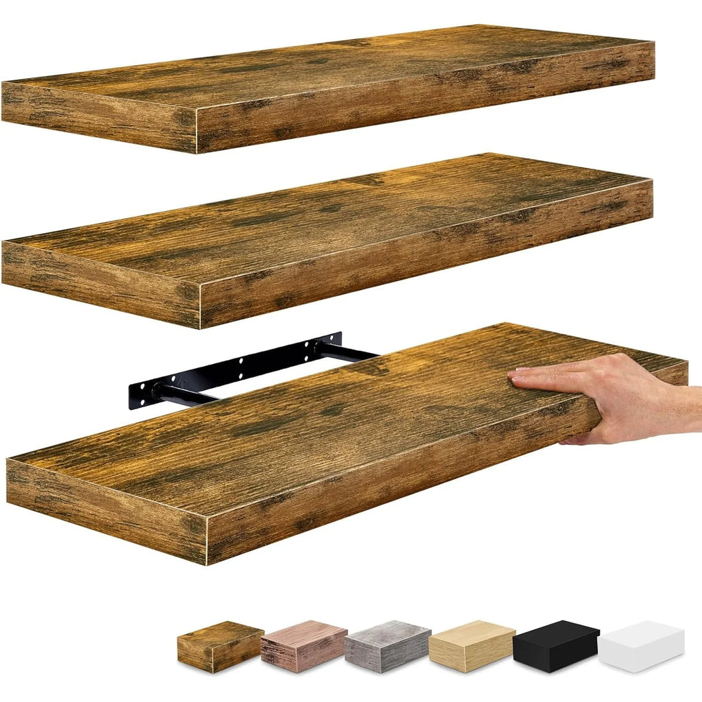 Set of 3 Floating Wood Wall Shelves, Wall Mounted Display and Storage Shelves with Invisible Brackets for Books and Home Decor