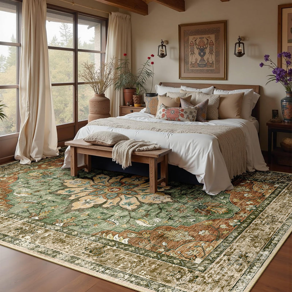 8x10 Washable Floral Medallion Area Rug, Non-Slip Decorative Floor Rug for Living Room, Bedroom and Home