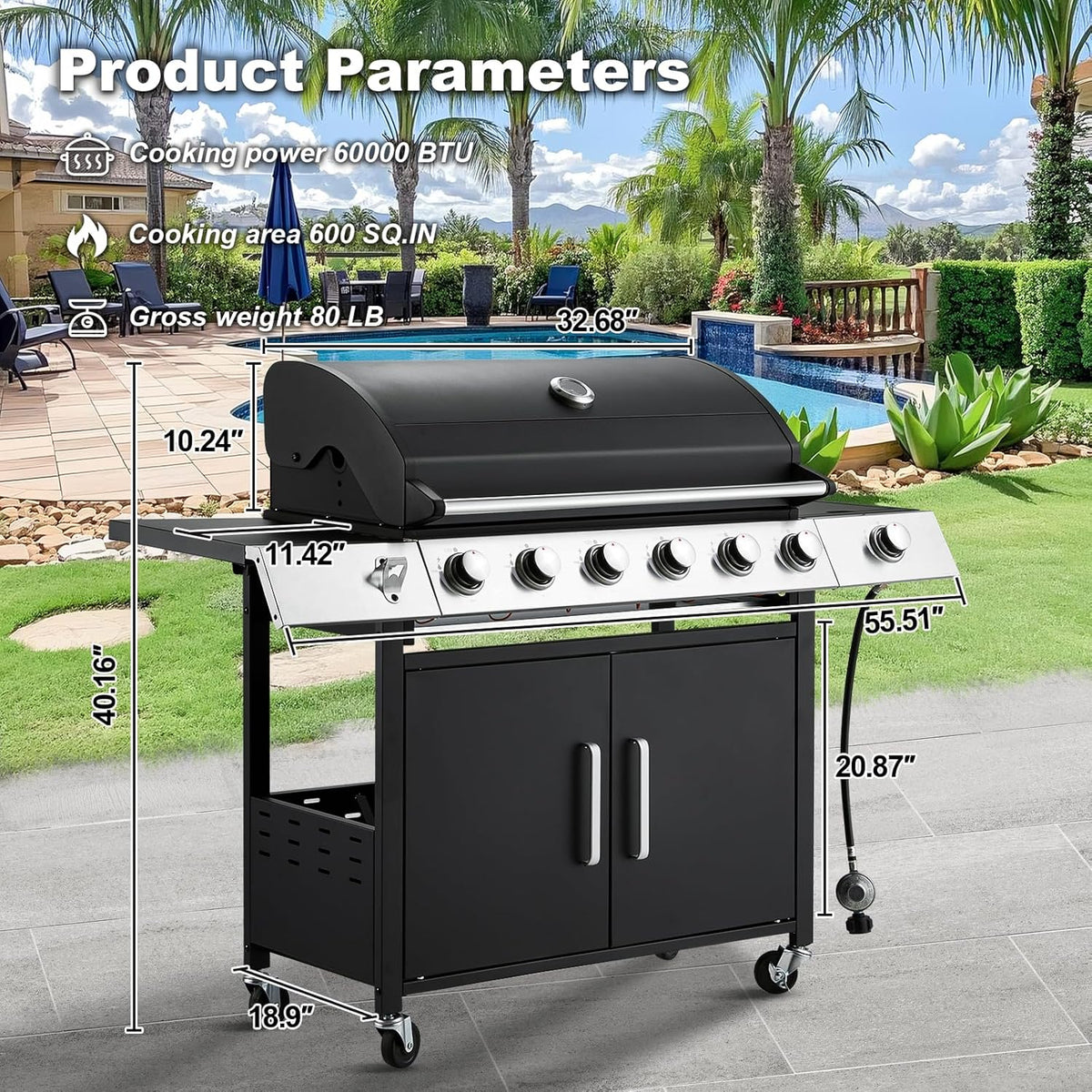 4-Burner Propane Gas Grill with Cast Iron Grates, Side Stove and 44,000 BTU Stainless Steel Burners