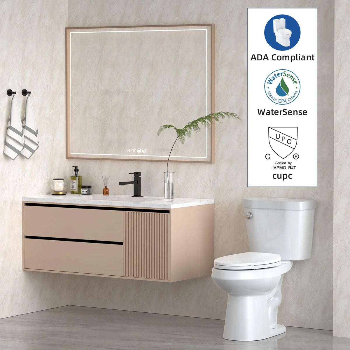 Two-Piece Elongated Toilet with Soft-Close Seat, 1.28 GPF Siphonic Flush, Universal Height, Cotton White