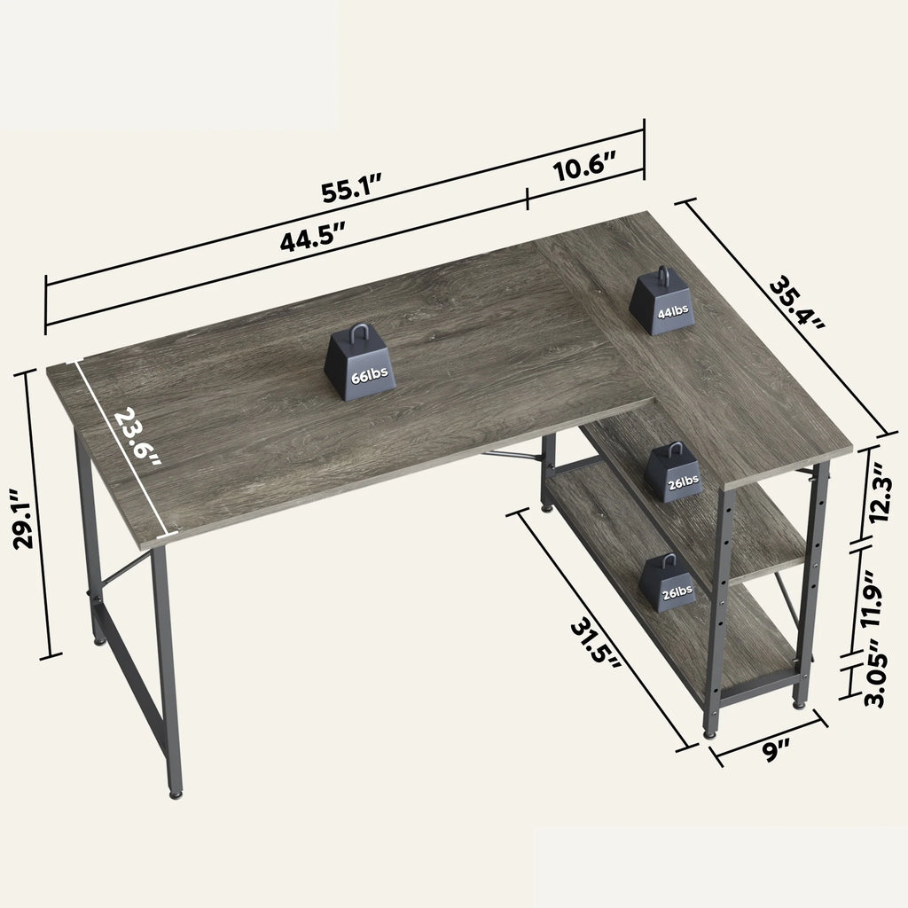 Small L Shaped Computer Desk with Storage Shelves, Compact Corner Workstation for Home Office and Study