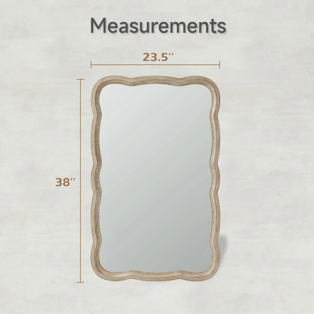Curved Scallop Wood Frame Accent Mirror, Modern Decorative Wall Mirror for Living Room, Bedroom and Entryway