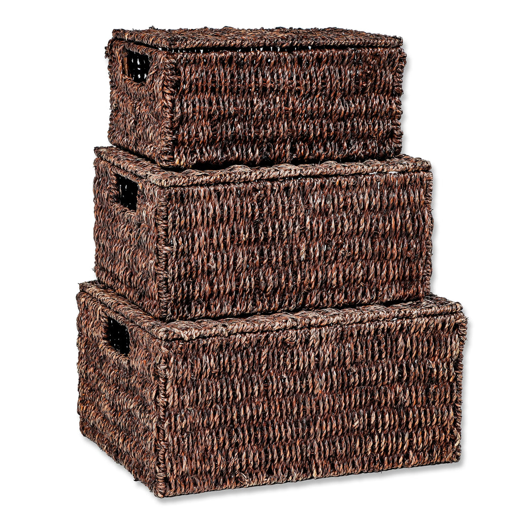 Set of 3 Small Rectangular Seagrass Baskets with Lids, Woven Storage Baskets