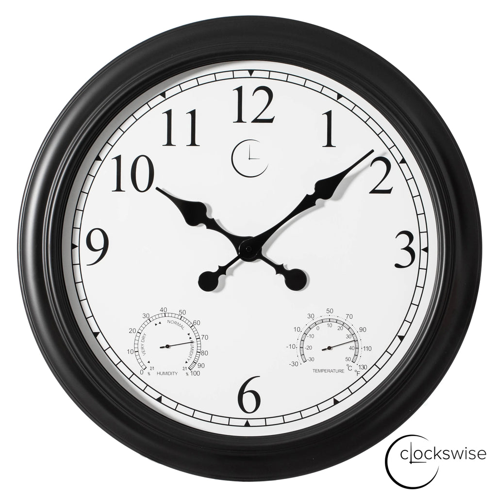 Large Outdoor Wall Clock with Thermometer, Waterproof Silent Garden Weather Station, Black