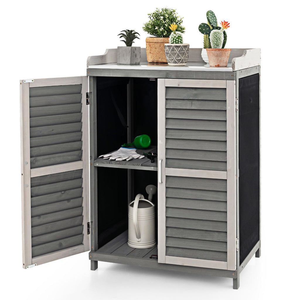 Outdoor Potting Workbench with Metal Tabletop, Garden Storage Cabinet for Patio
